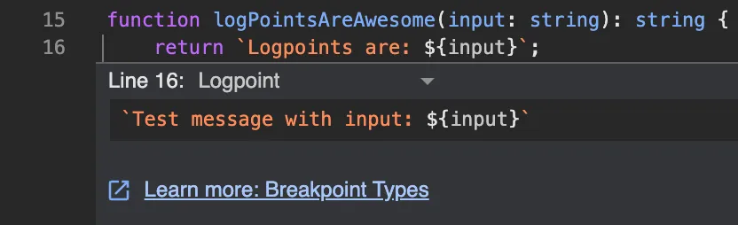Chrome DevTools logpoint editor with a template string expression